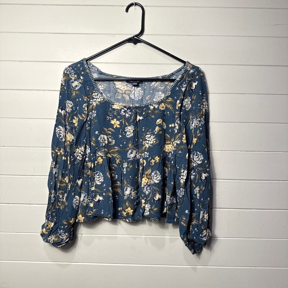 American Eagle Floral Peplum Long Sleeve Blouse S Blue Square Neck Boho Vintage